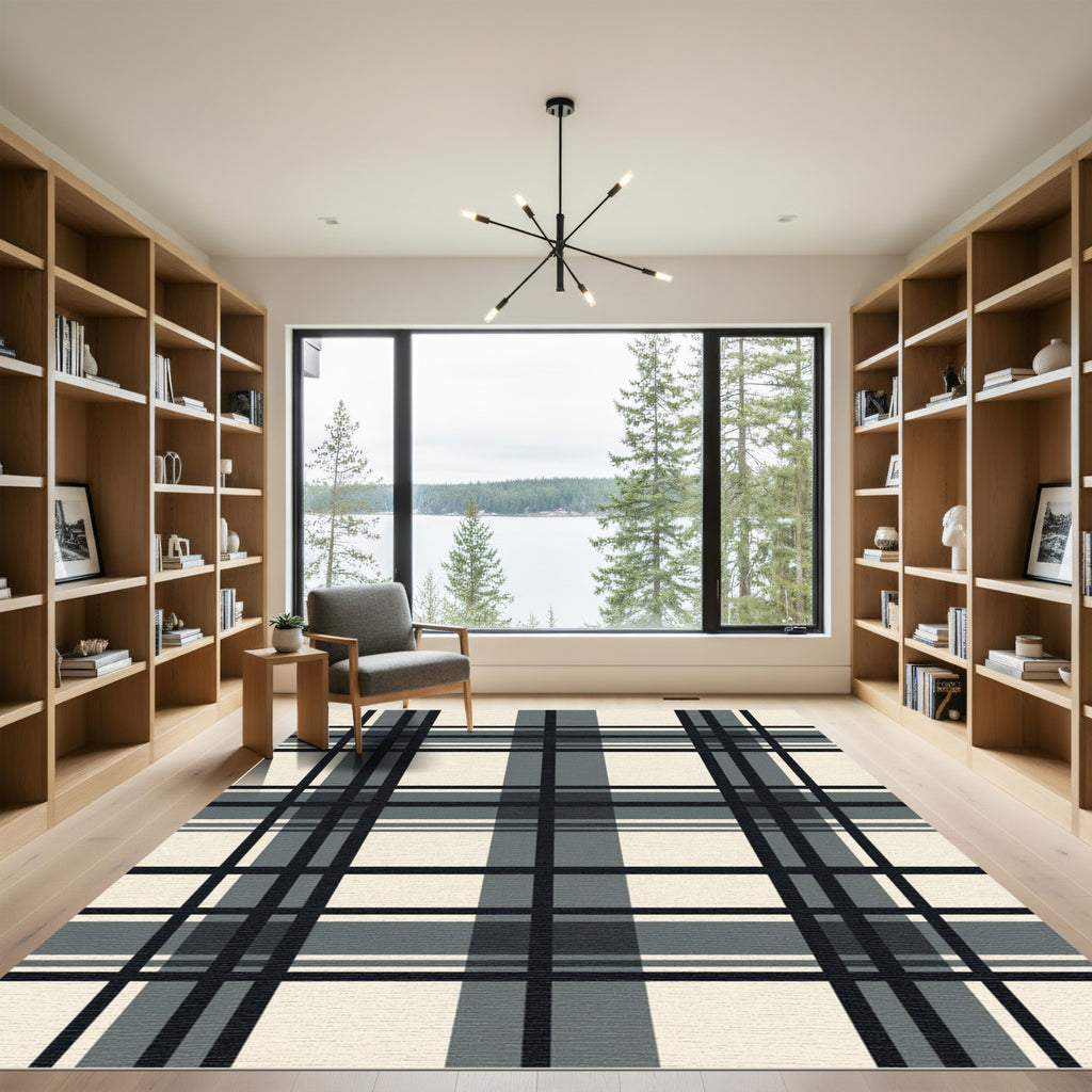 Classic Black Gray Plaid Weave Rug