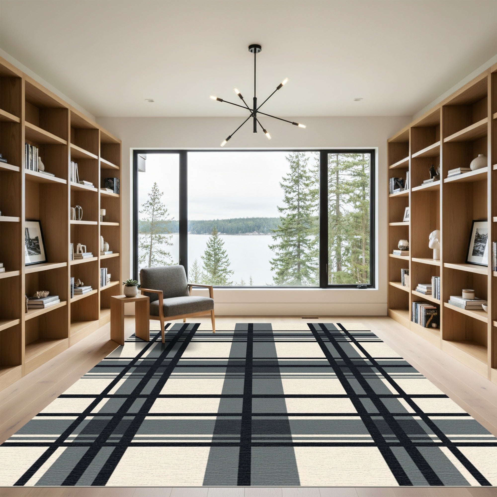 Classic Black Gray Plaid Weave Rug