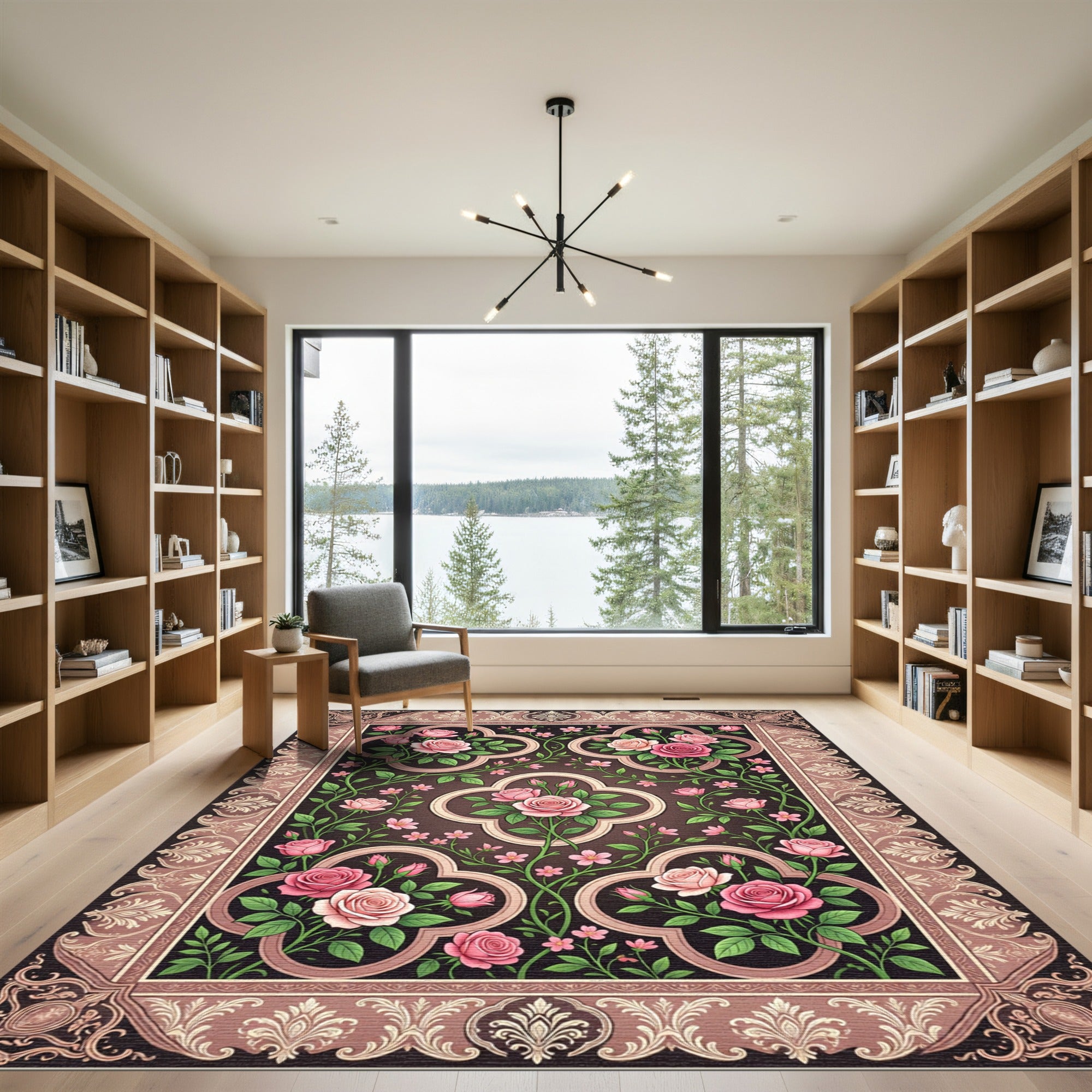 Elegant Rose Garden Framed Floral Tapestry Rug