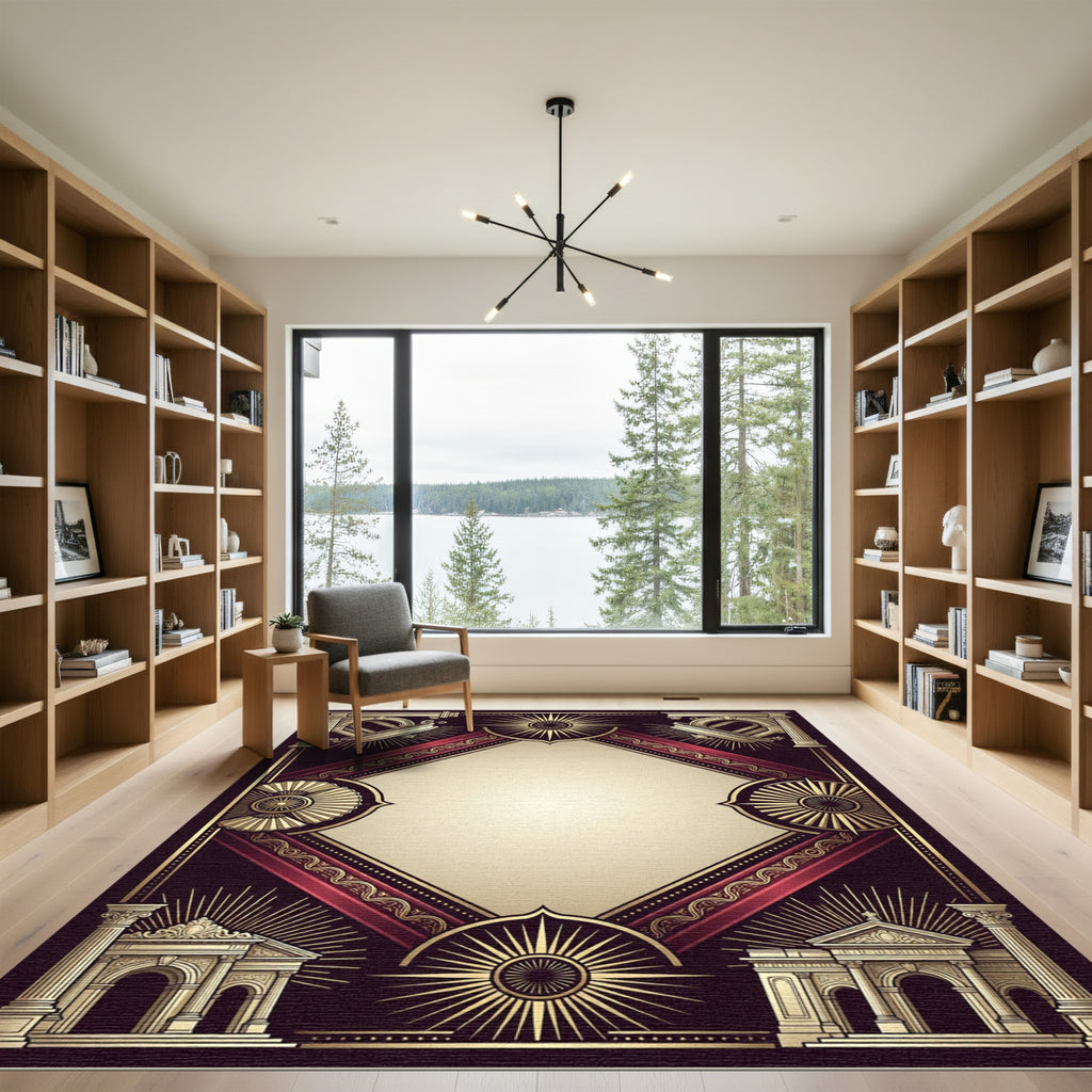 Neoclassical Gold Ruby Diamond Frame Rug