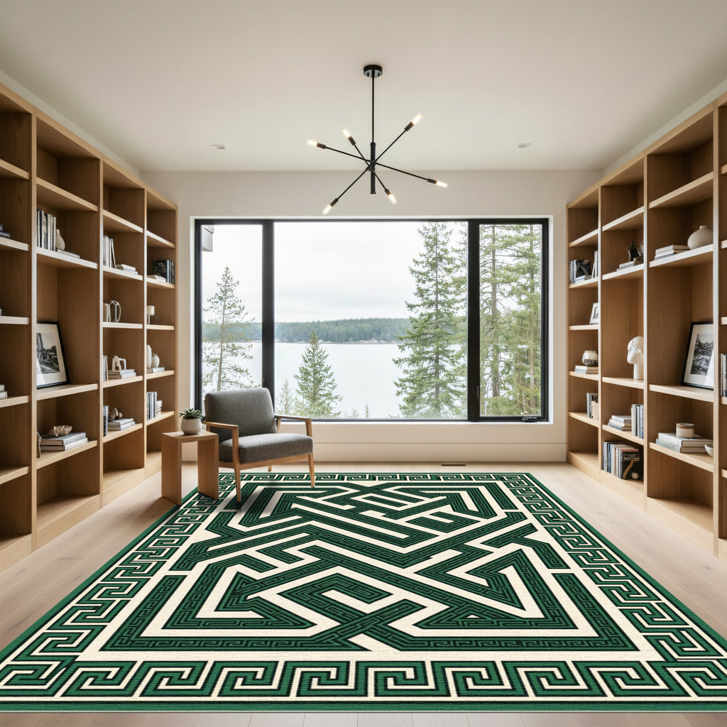 Green Maze Greek Key Border Rug