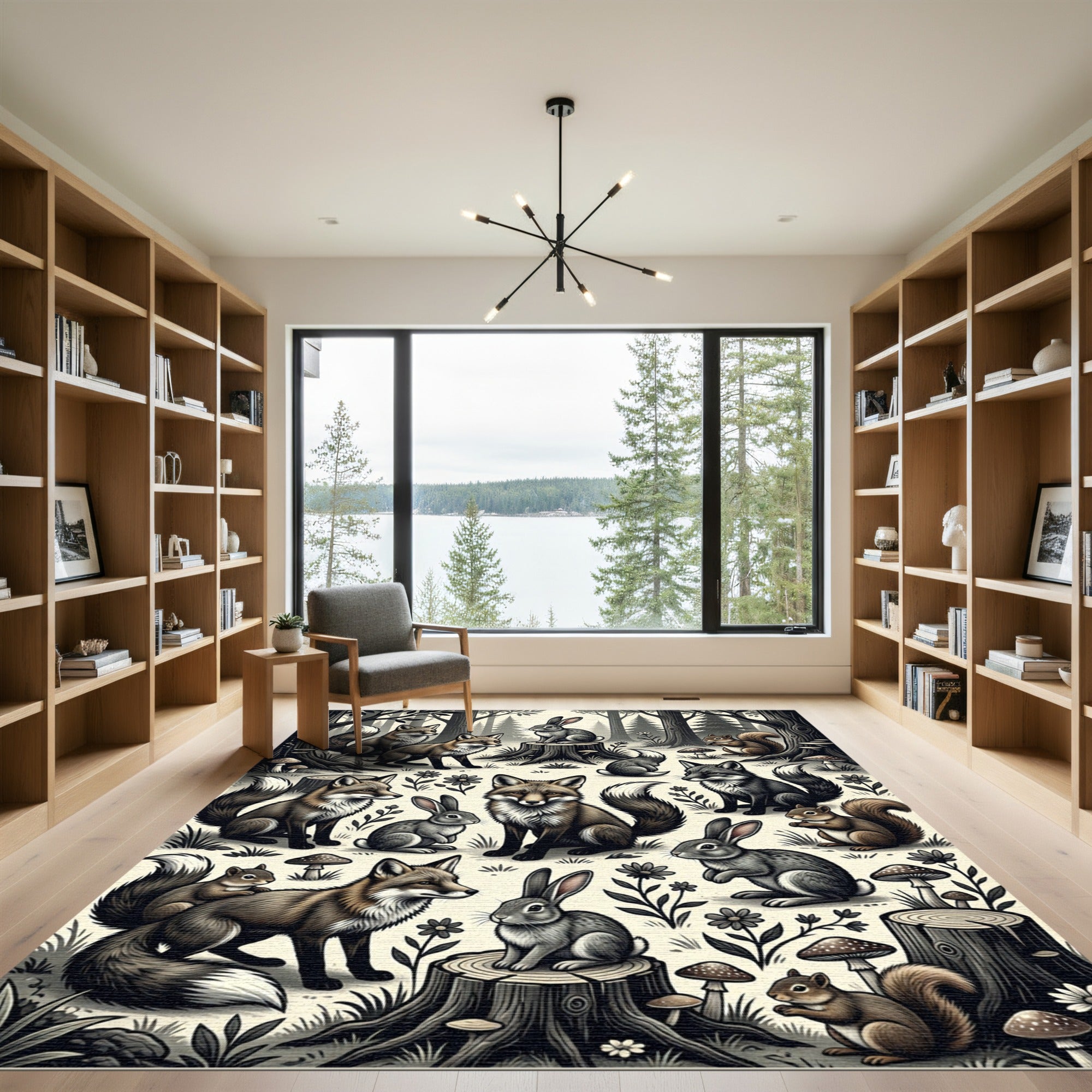 Whimsical Woodland Creatures Forest Sketch Rug
