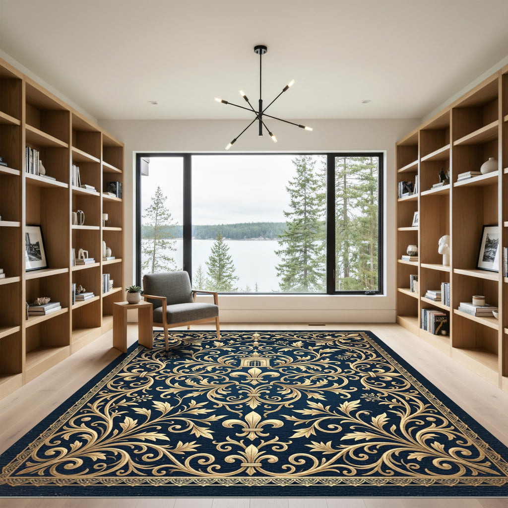Ornate Gold Fleur de Lis Navy Rug