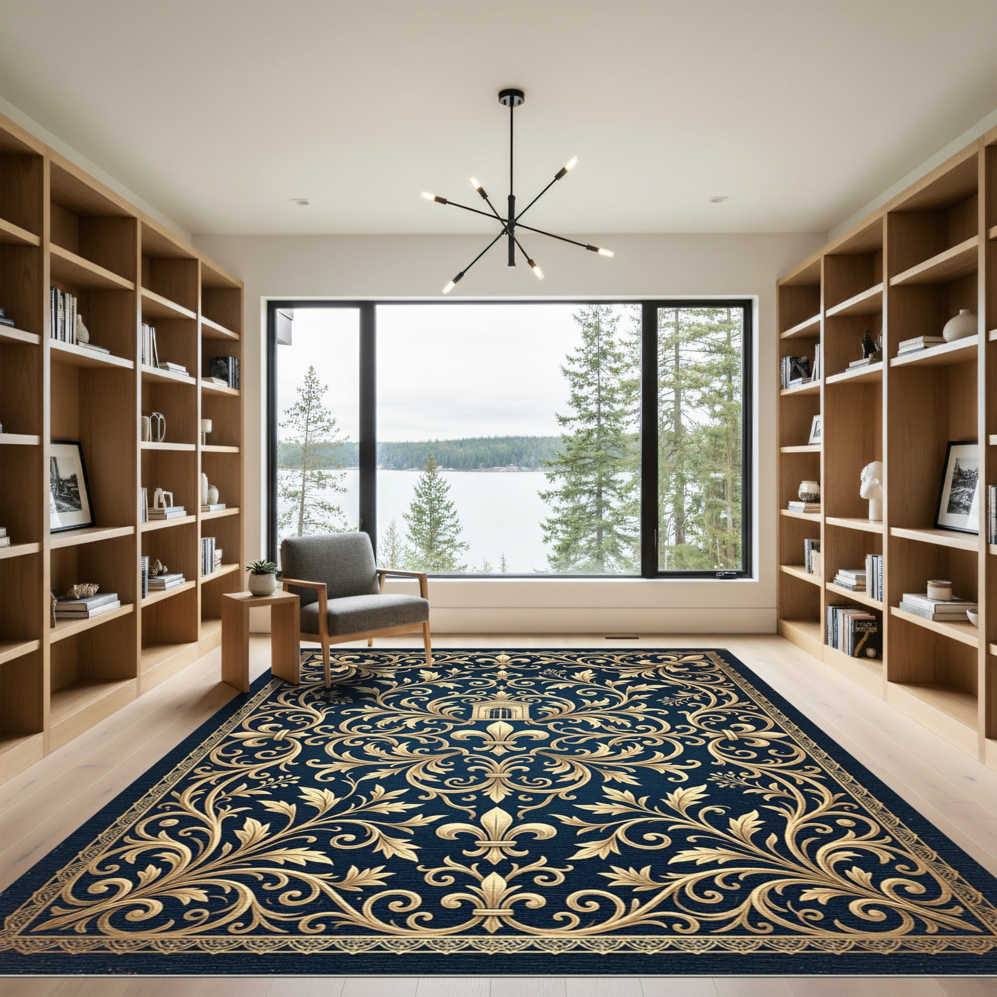 Ornate Gold Fleur de Lis Navy Rug