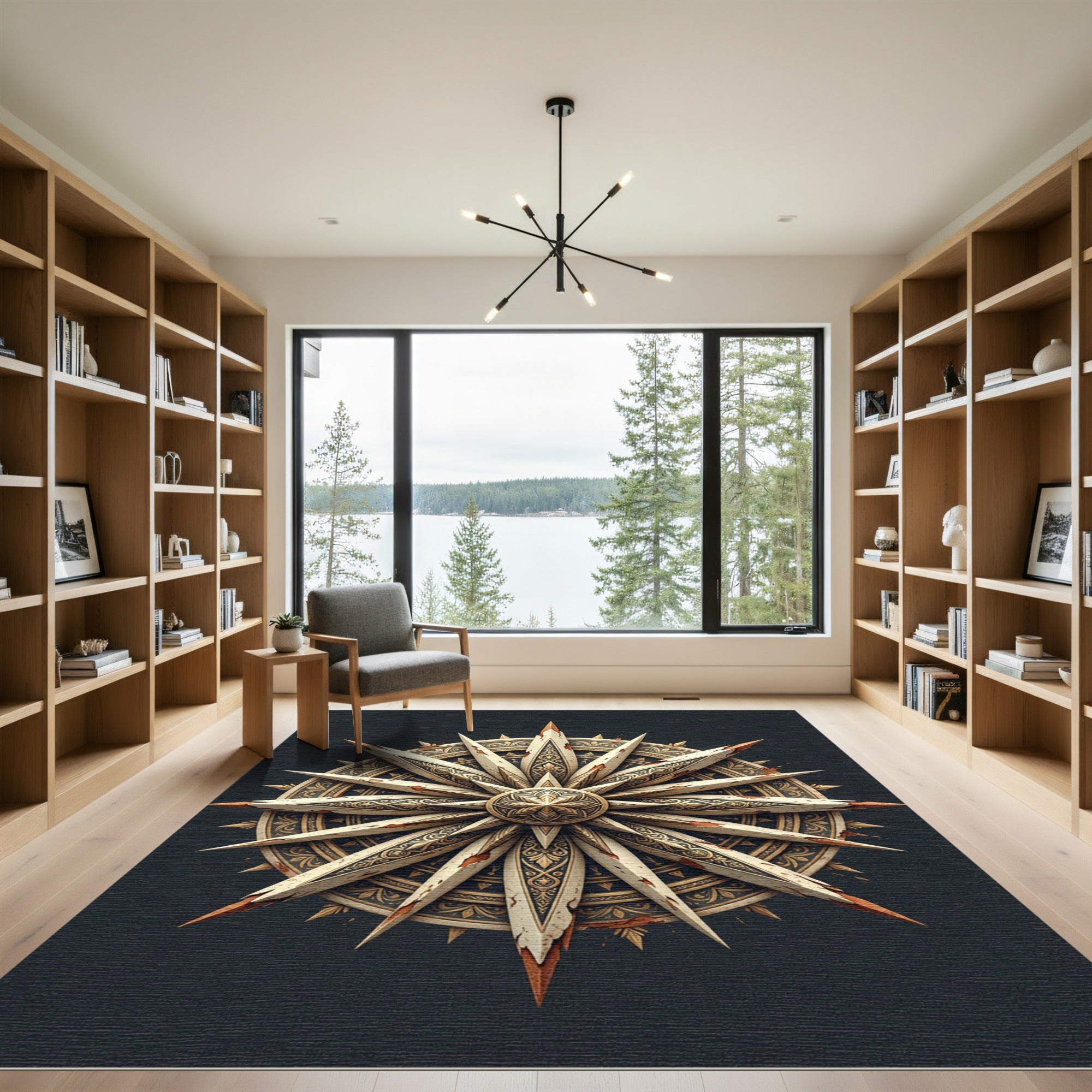 Ornate Golden Starburst Compass Rose Rug