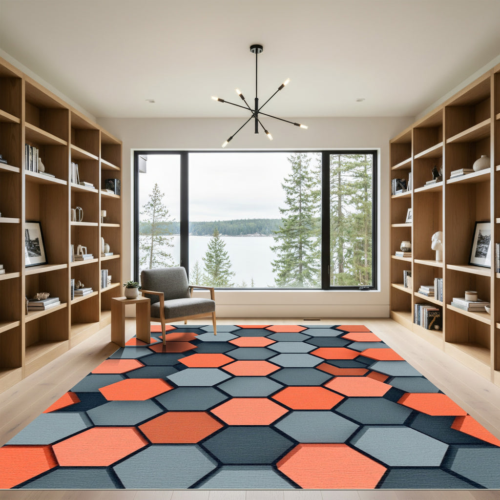 Modern Geometric Coral Gray Hexagons Rug