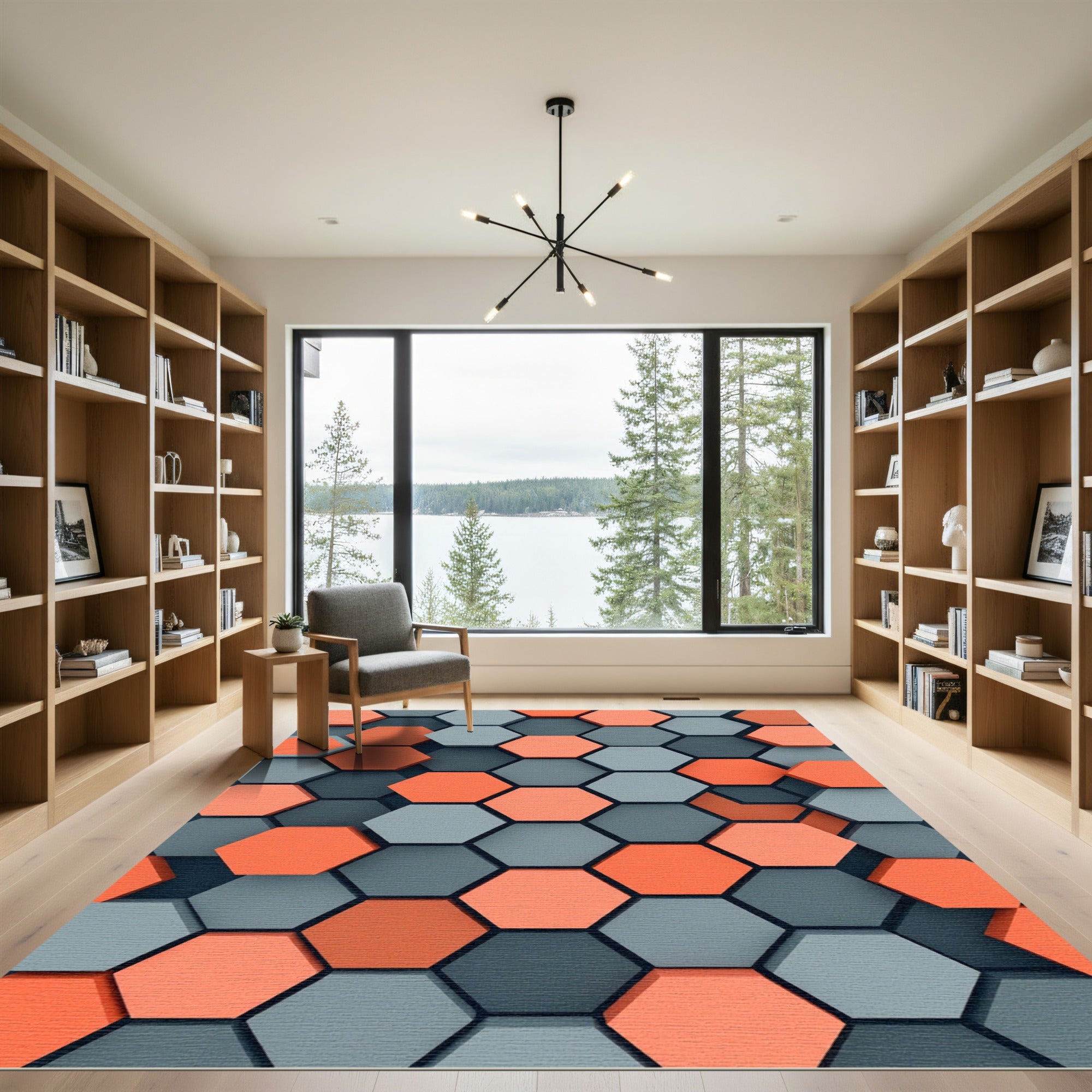 Modern Geometric Coral Gray Hexagons Rug
