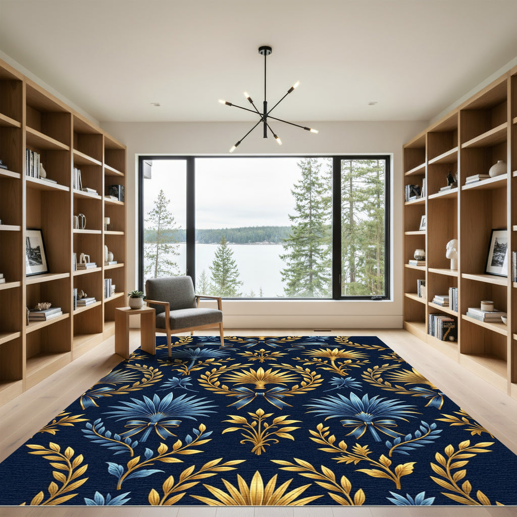 Golden Palm Leaf Navy Floral Damask Rug
