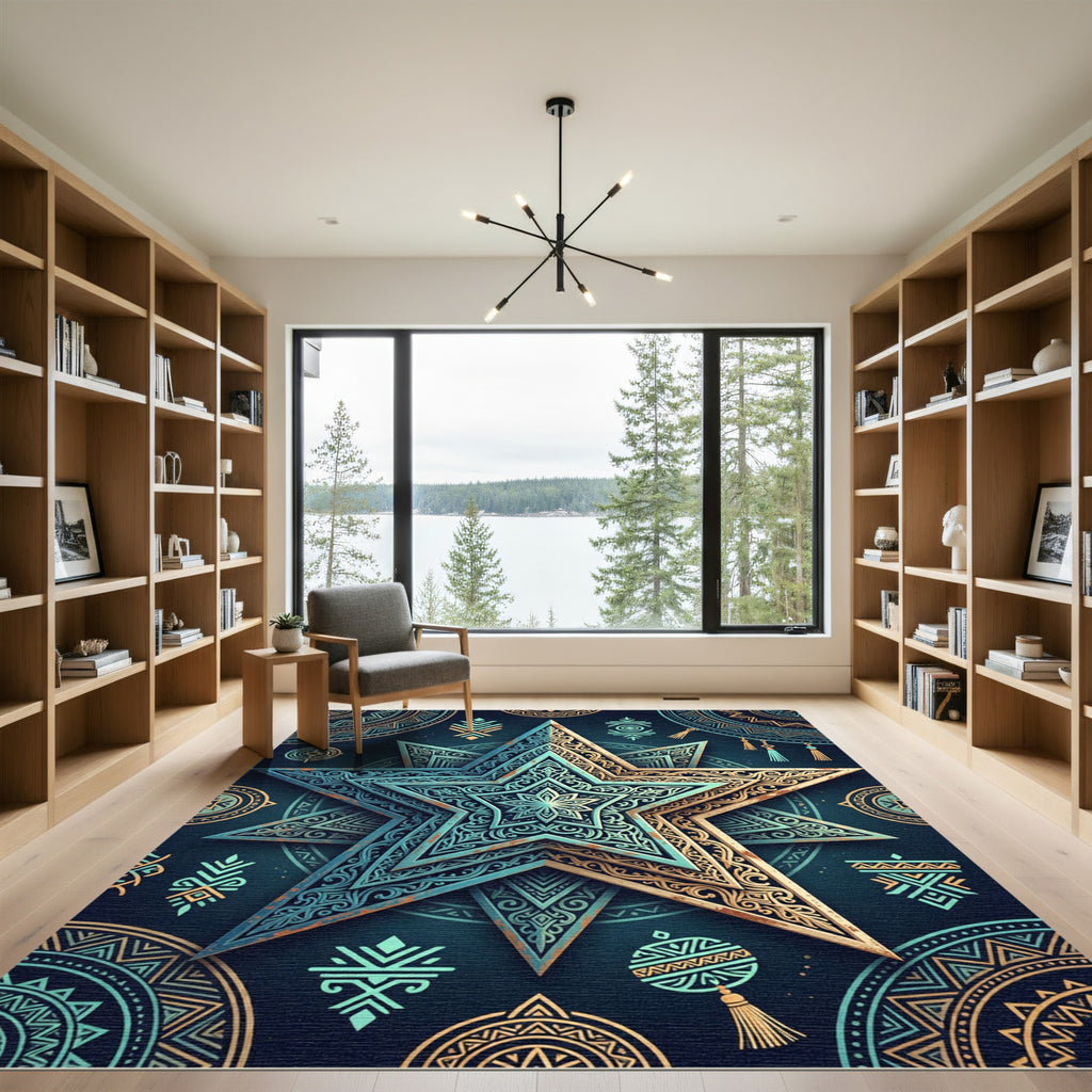 Ornate Teal and Gold Astral Star Rug
