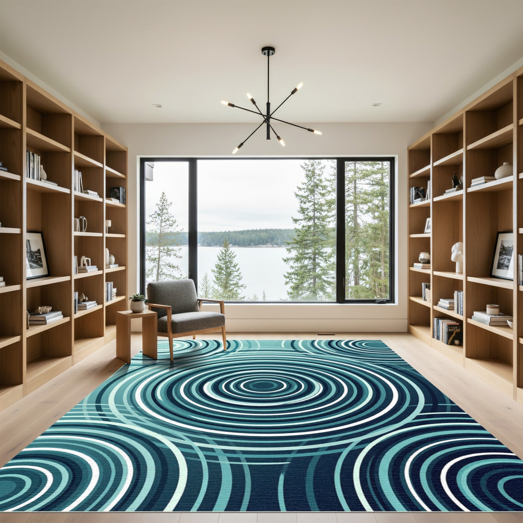 Geometric Teal Circular Ripple Rug