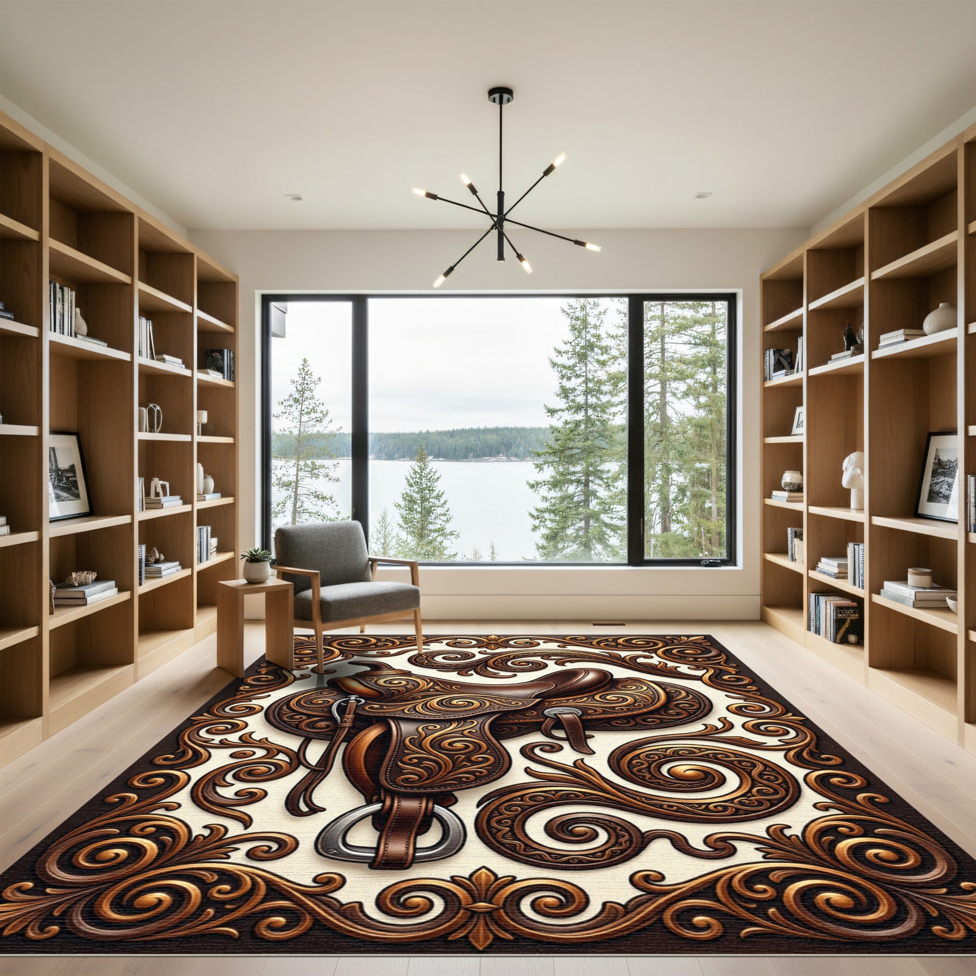 Brown Saddle Ornate Swirl Medallion Rug
