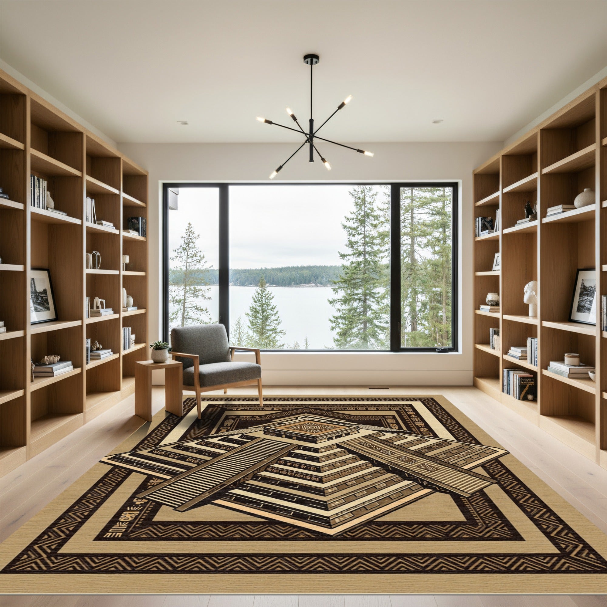 Ancient Aztec Step Pyramid Geometric Rug