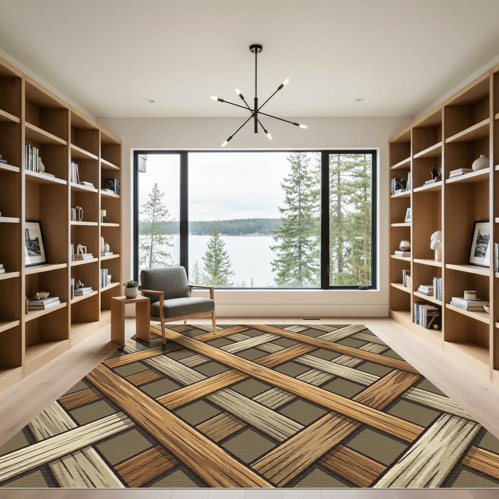 Woven Wood Toned Interlocking Grid Rug