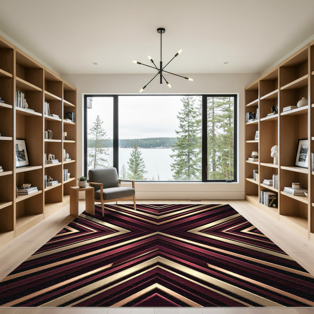 Luxurious Burgundy and Gold Geometric Chevron Rug