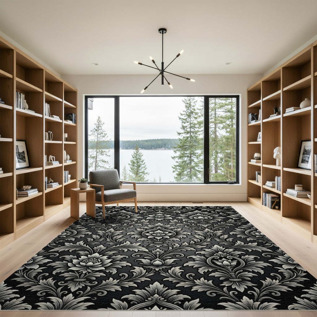 Elegant Monochrome Baroque Floral Damask Rug
