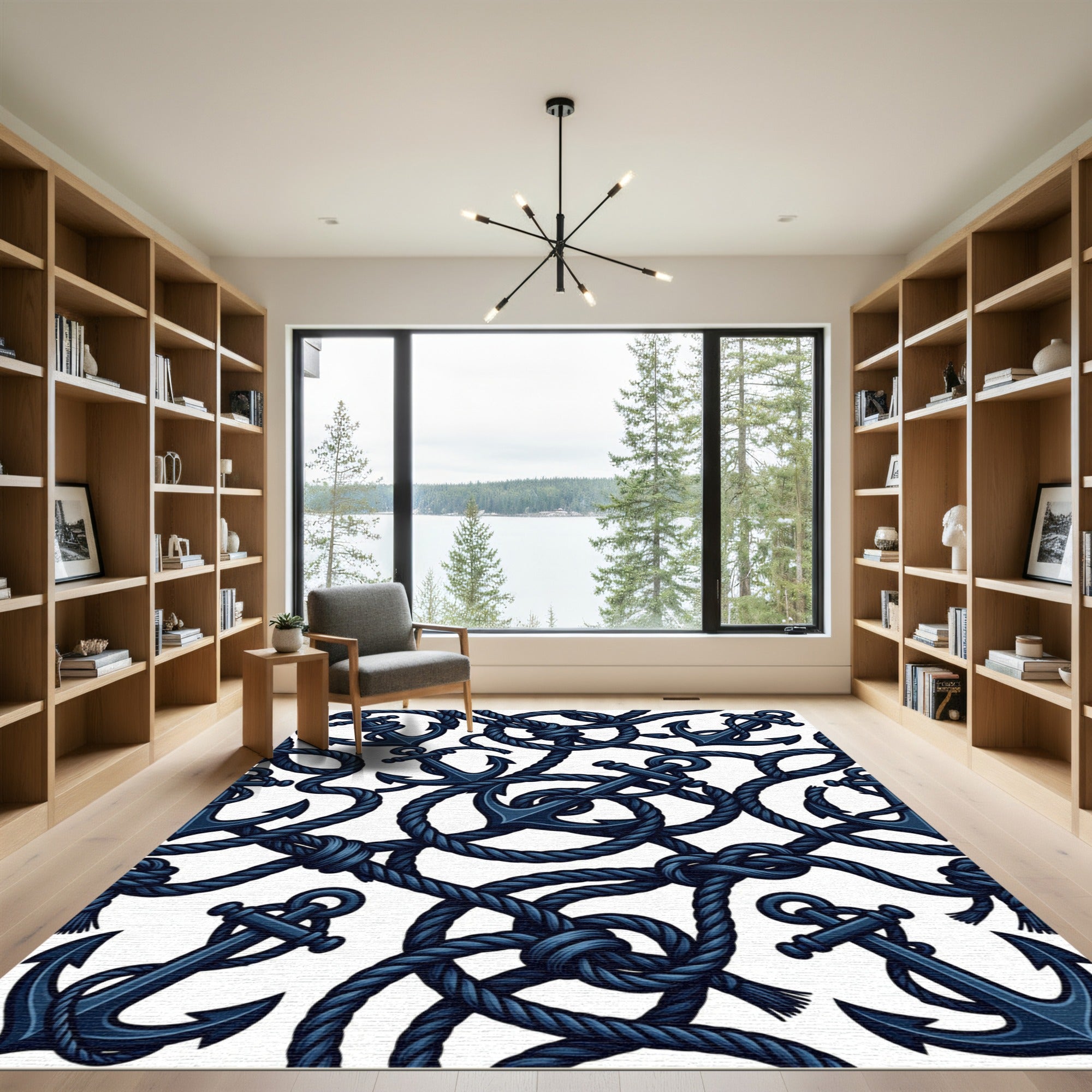 Nautical Navy Blue Anchor Rope Rug