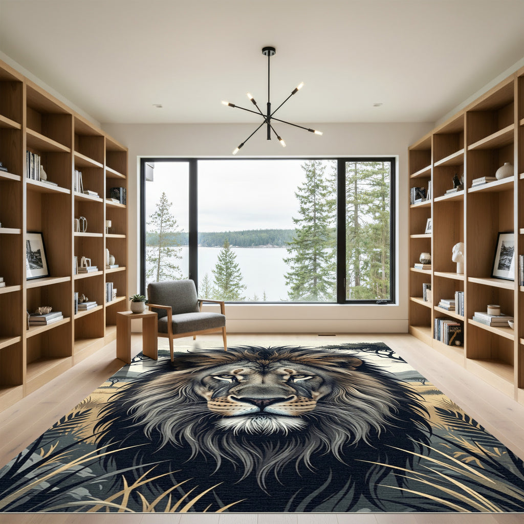 Majestic Gray Lion Portrait Safari Rug
