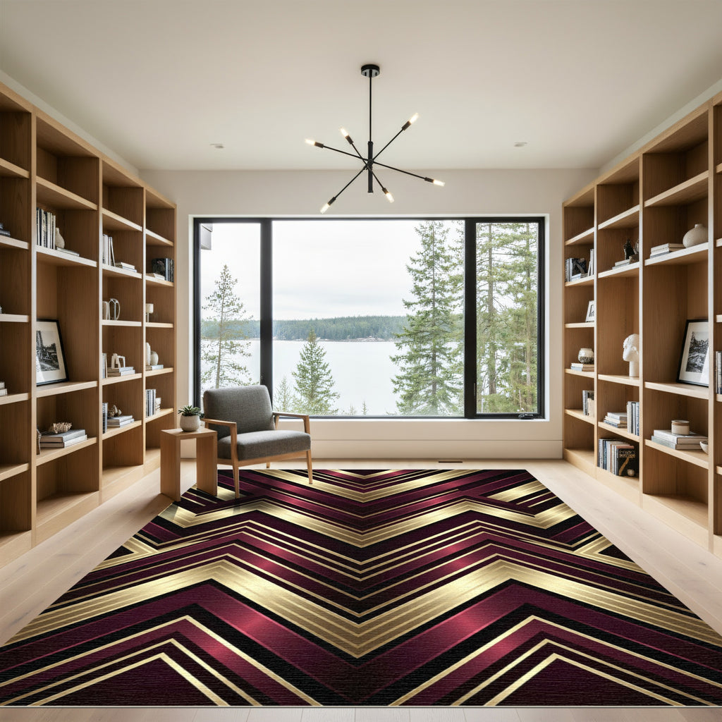 Luxurious Gold and Burgundy Chevron Rug