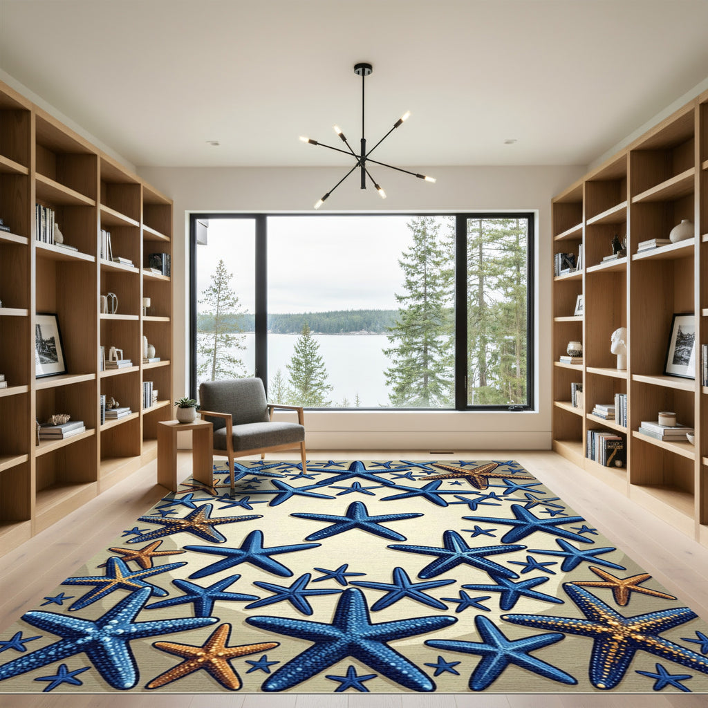 Coastal Blue and Gold Starfish Arrangement Rug