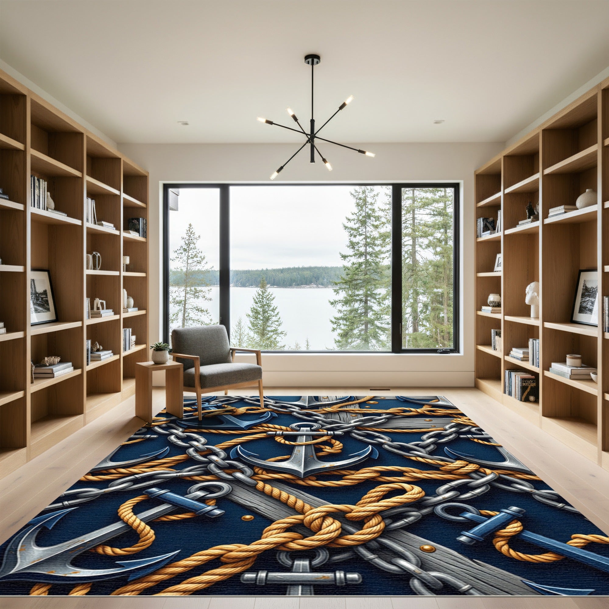 Nautical Navy Anchor Chain Rope Rug