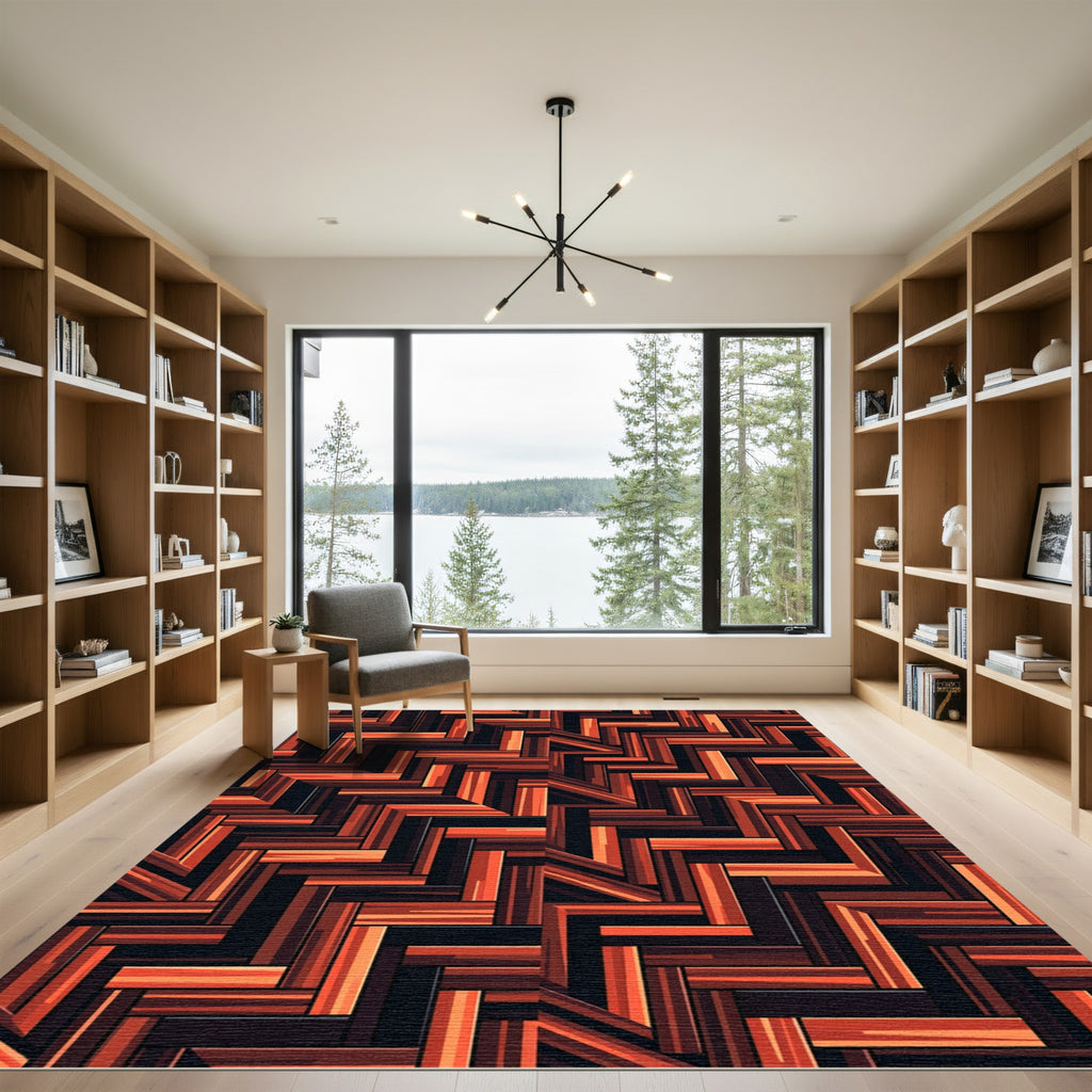 Fiery Orange Wood Grain Weave Rug