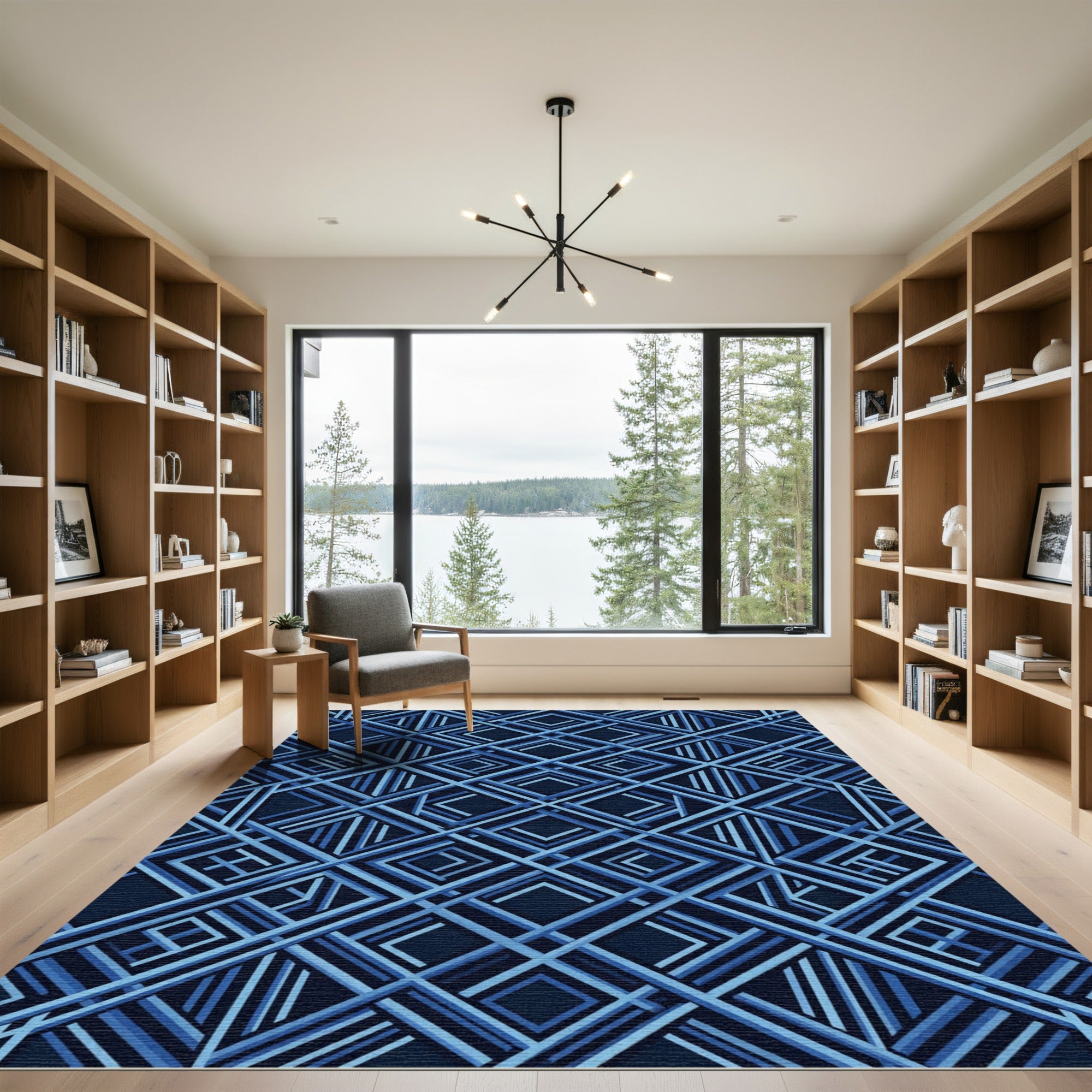 Navy Blue Interlocking Geometric Diamond Grid Rug
