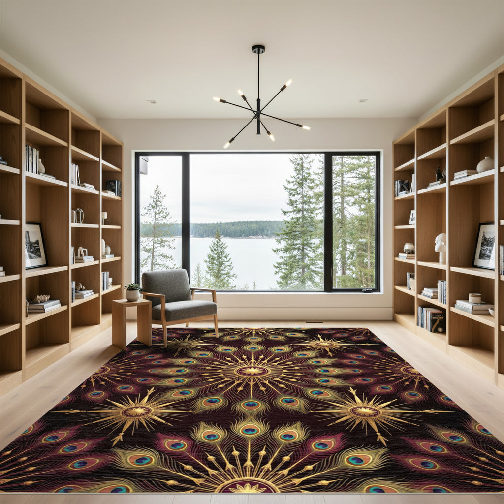 Golden Peacock Feather Mandala Medallion Rug