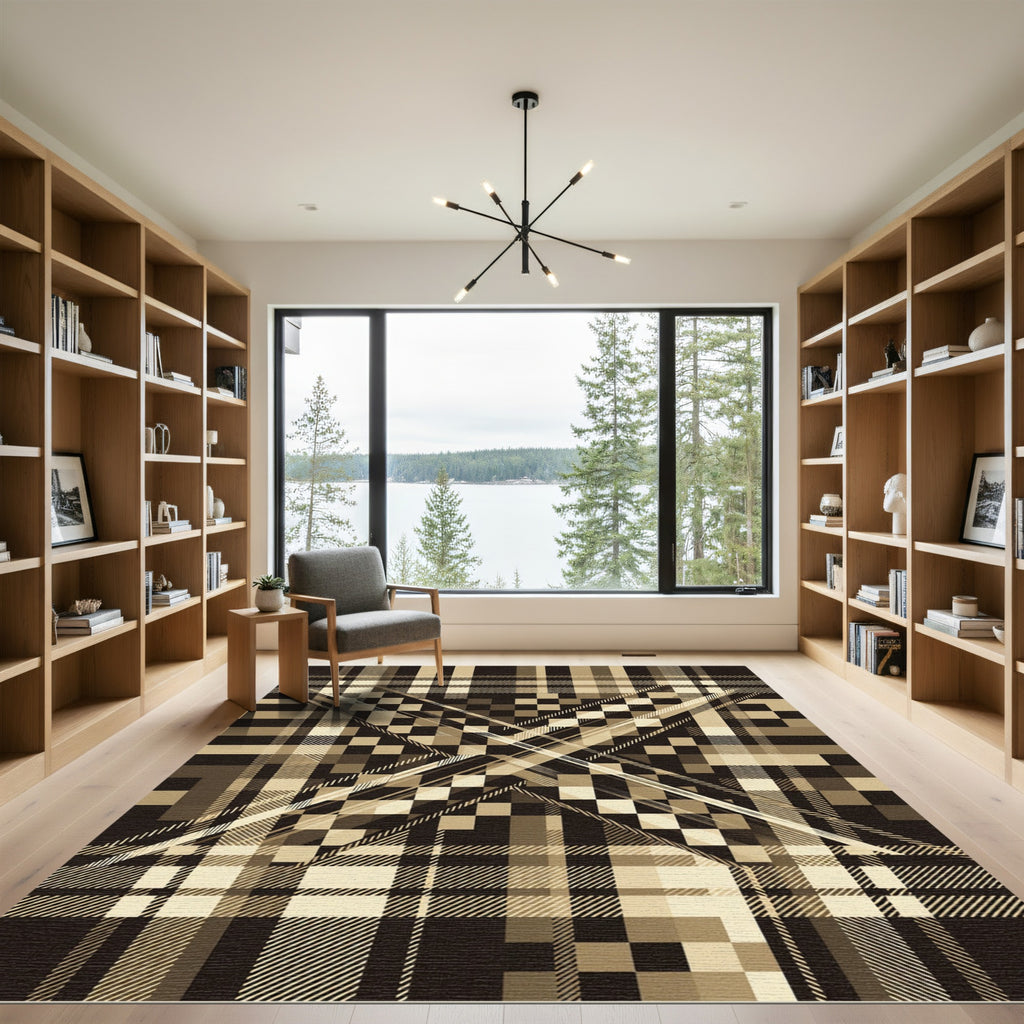 Modern Neutral Plaid Geometric X Rug