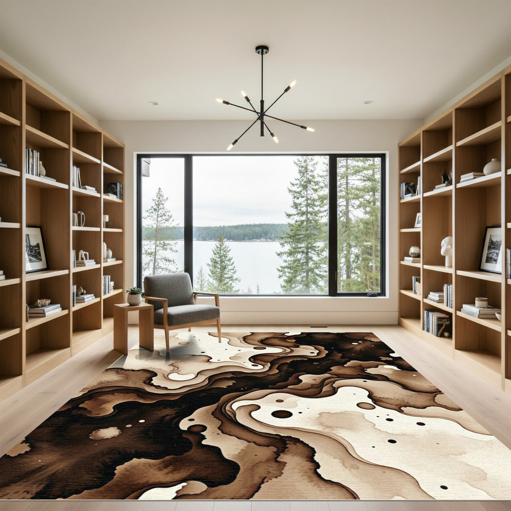 Coffee Ink Flow Abstract Swirl Rug