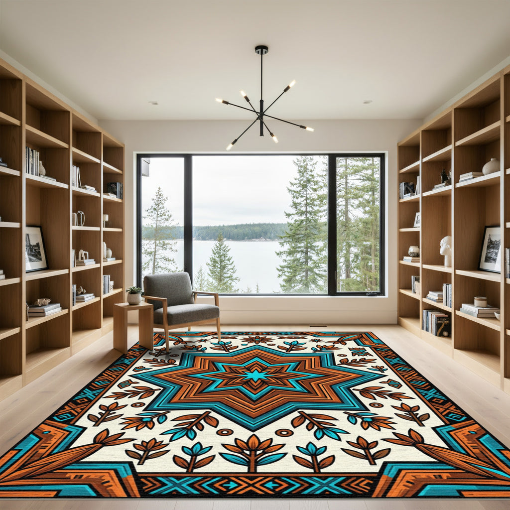 Geometric Star Turquoise and Terracotta Rug
