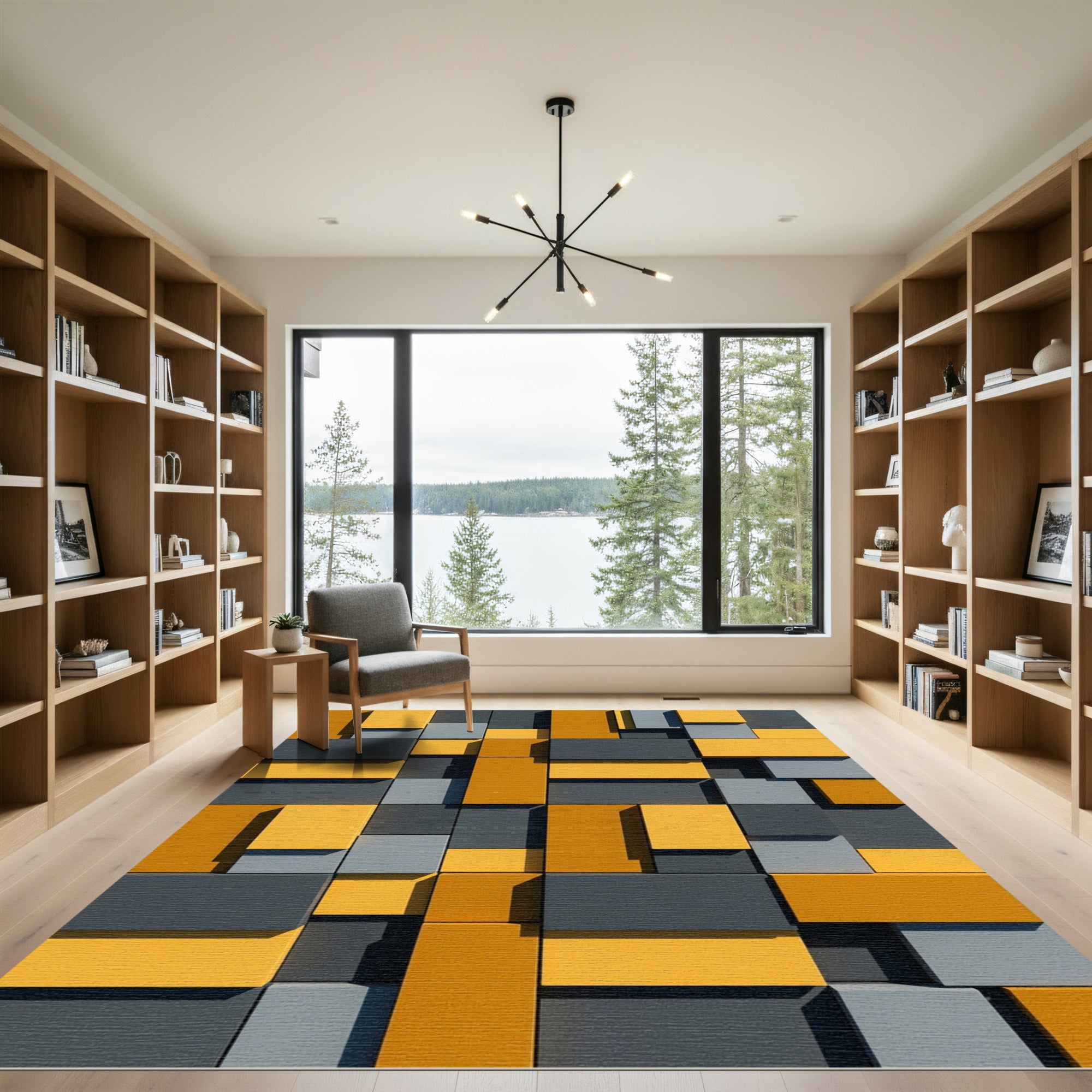 Modern Golden Yellow and Charcoal Geometric Blocks Rug