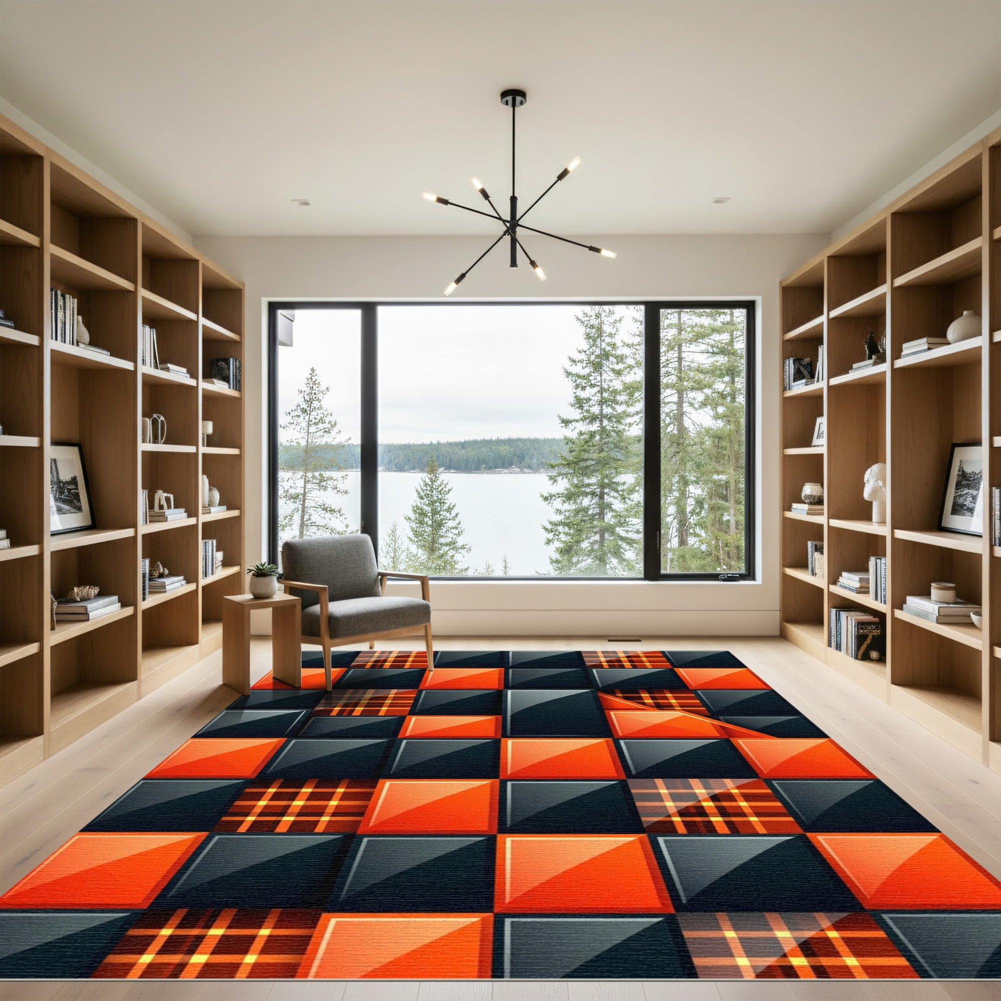 Modern Geometric Plaid and Orange Tile Rug
