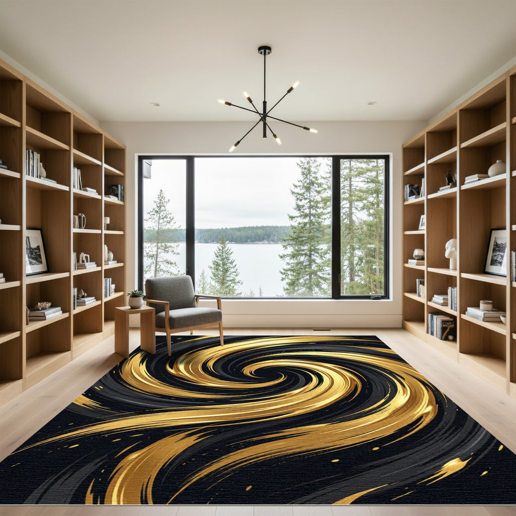 Modern Golden Swirl Abstract Area Rug