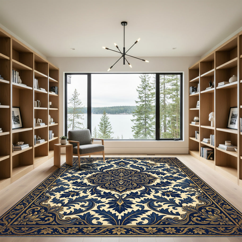 Gilded Navy Scrollwork Floral Medallion Rug