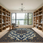 Gilded Navy Scrollwork Floral Medallion Rug