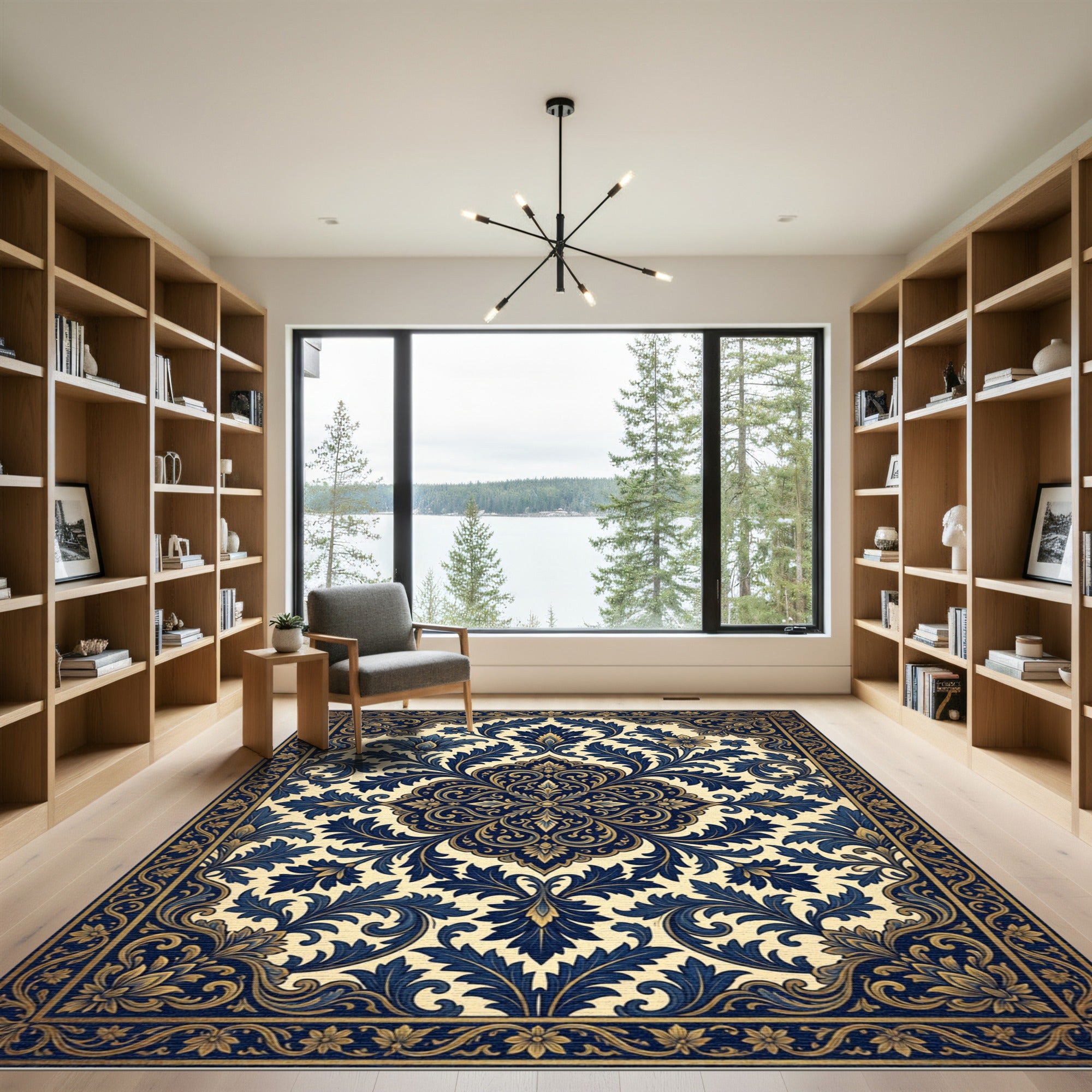 Gilded Navy Scrollwork Floral Medallion Rug
