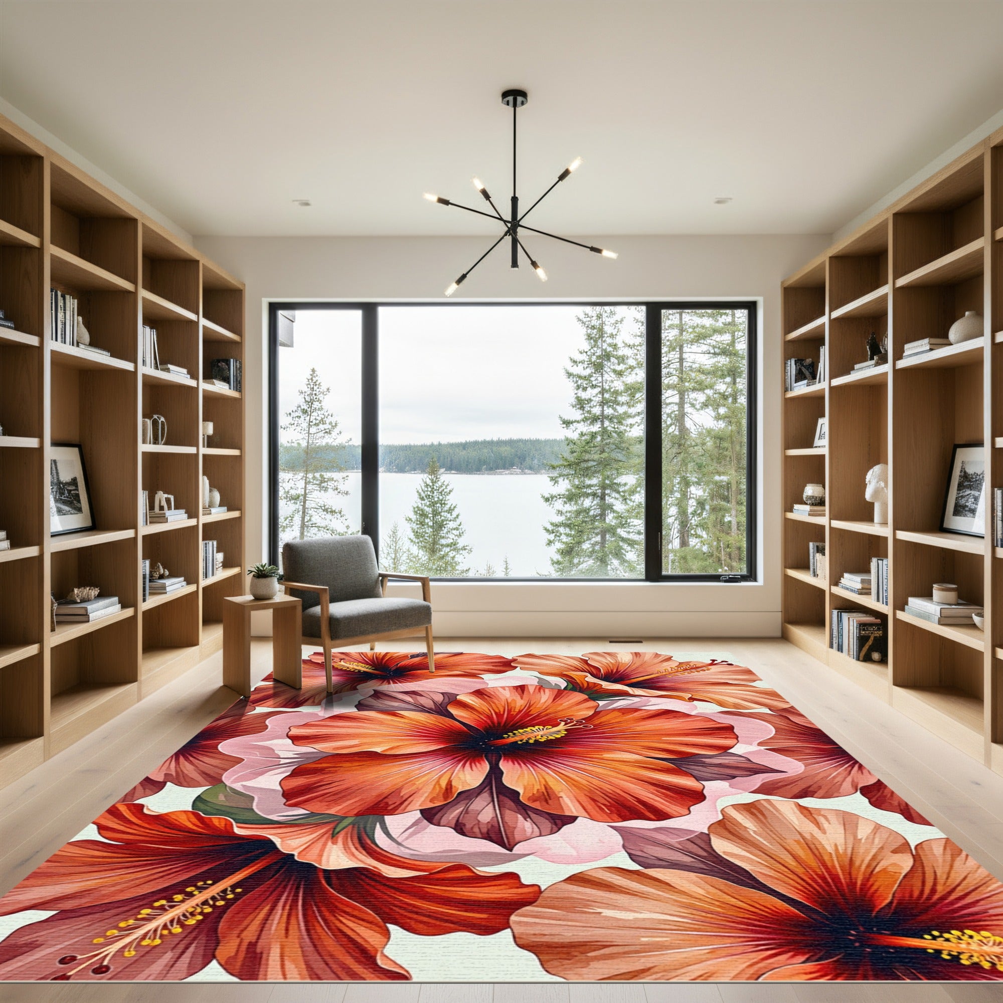 Vibrant Orange Tropical Hibiscus Floral Rug
