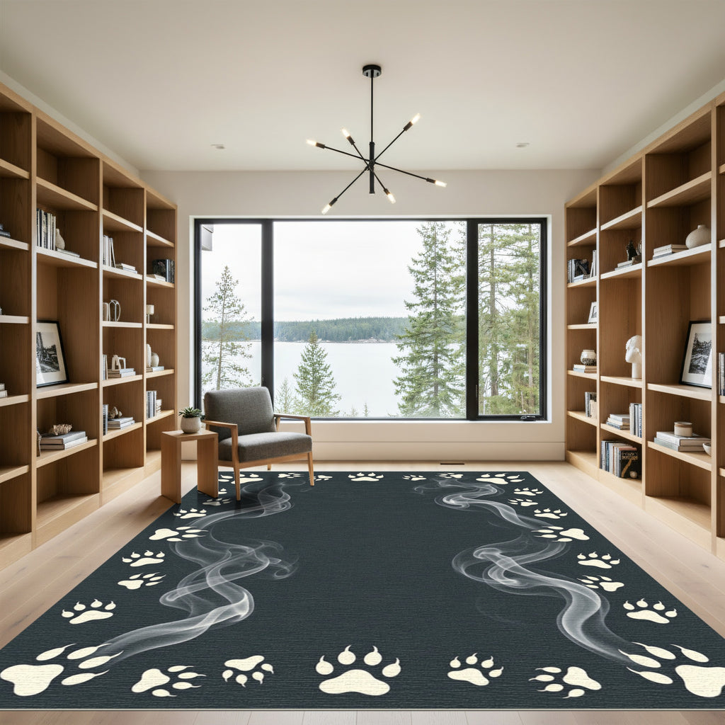 Smoky Charcoal Paw Footprint Border Rug