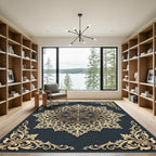 Ornate Golden Lace Medallion on Charcoal Rug