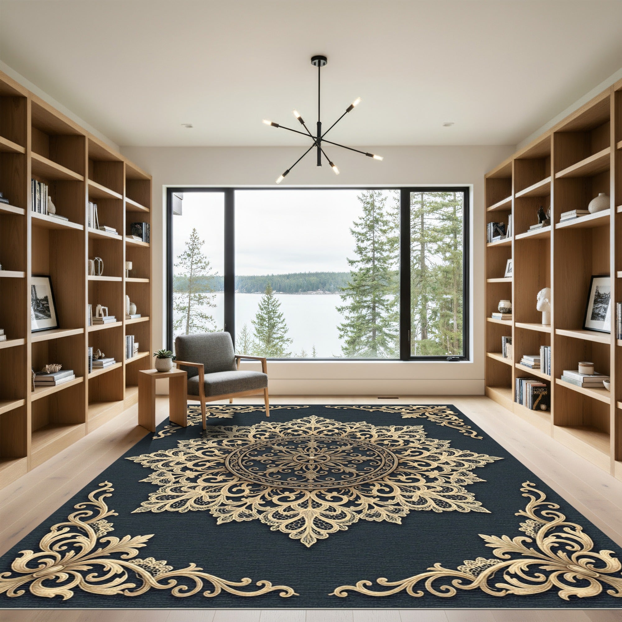 Ornate Golden Lace Medallion on Charcoal Rug