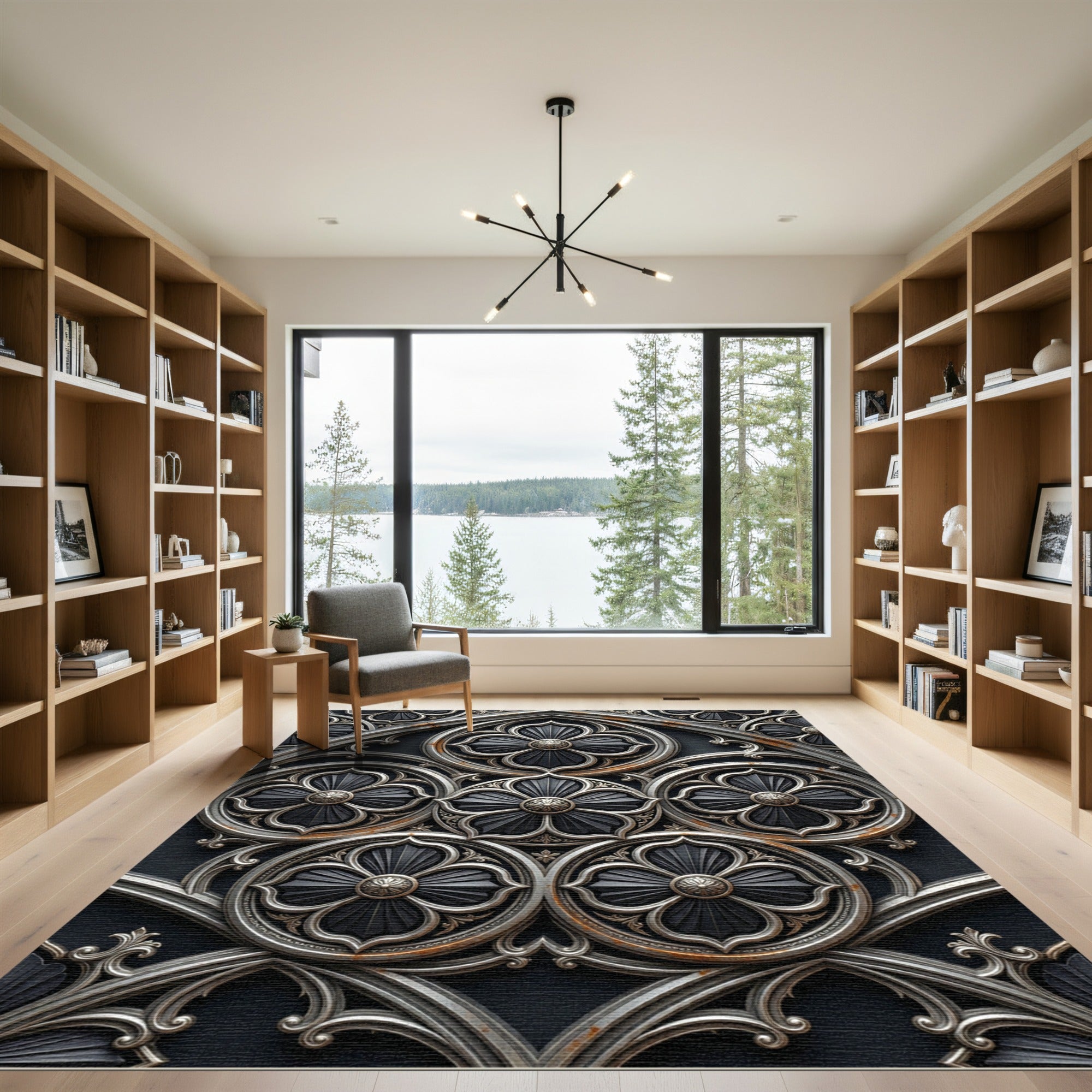 Gothic Charcoal Silver Quatrefoil Medallion Rug
