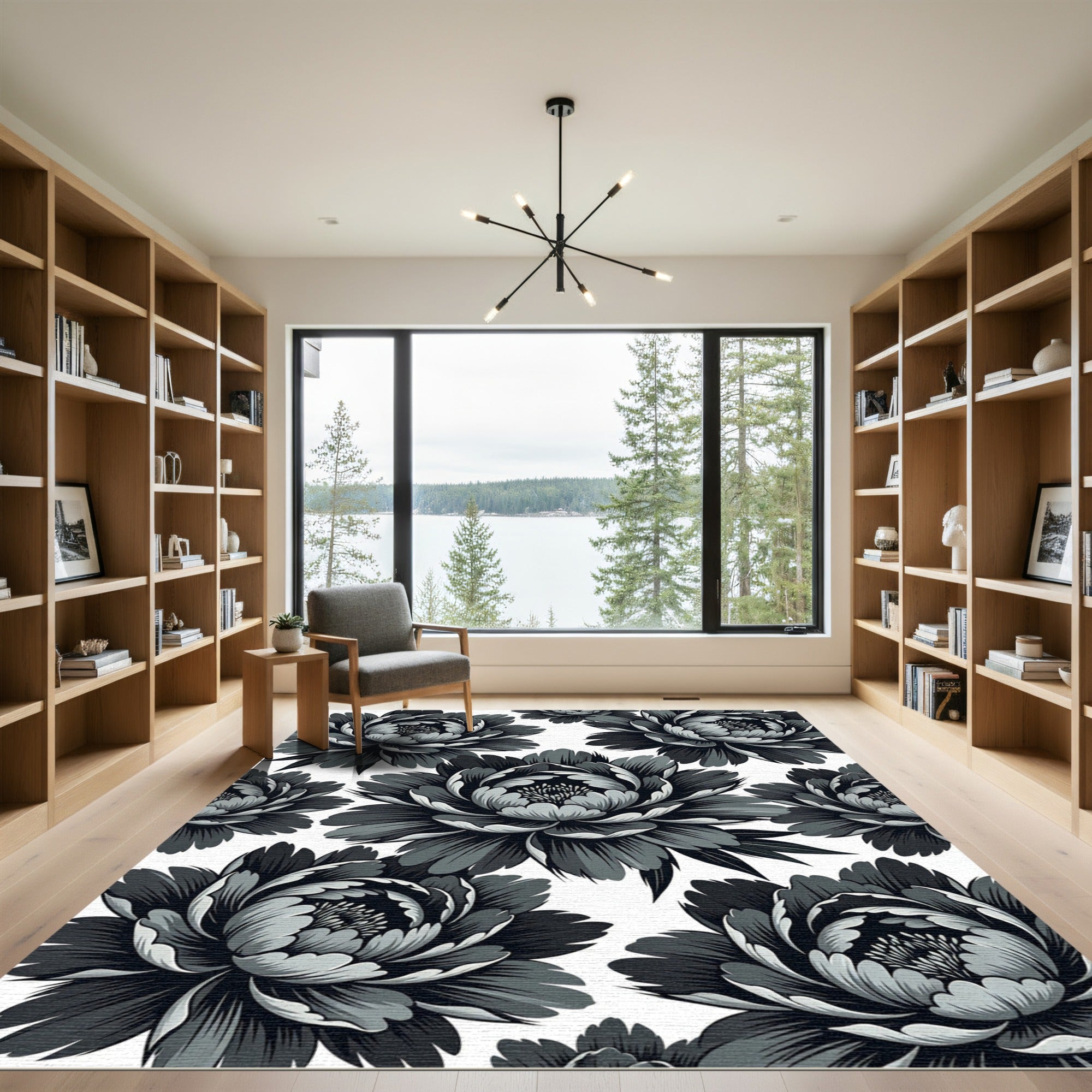 Dramatic Gray Peony Blossom Arrangement Rug
