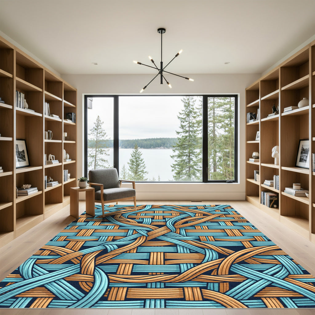 Interwoven Azure and Golden Branch Weave Rug