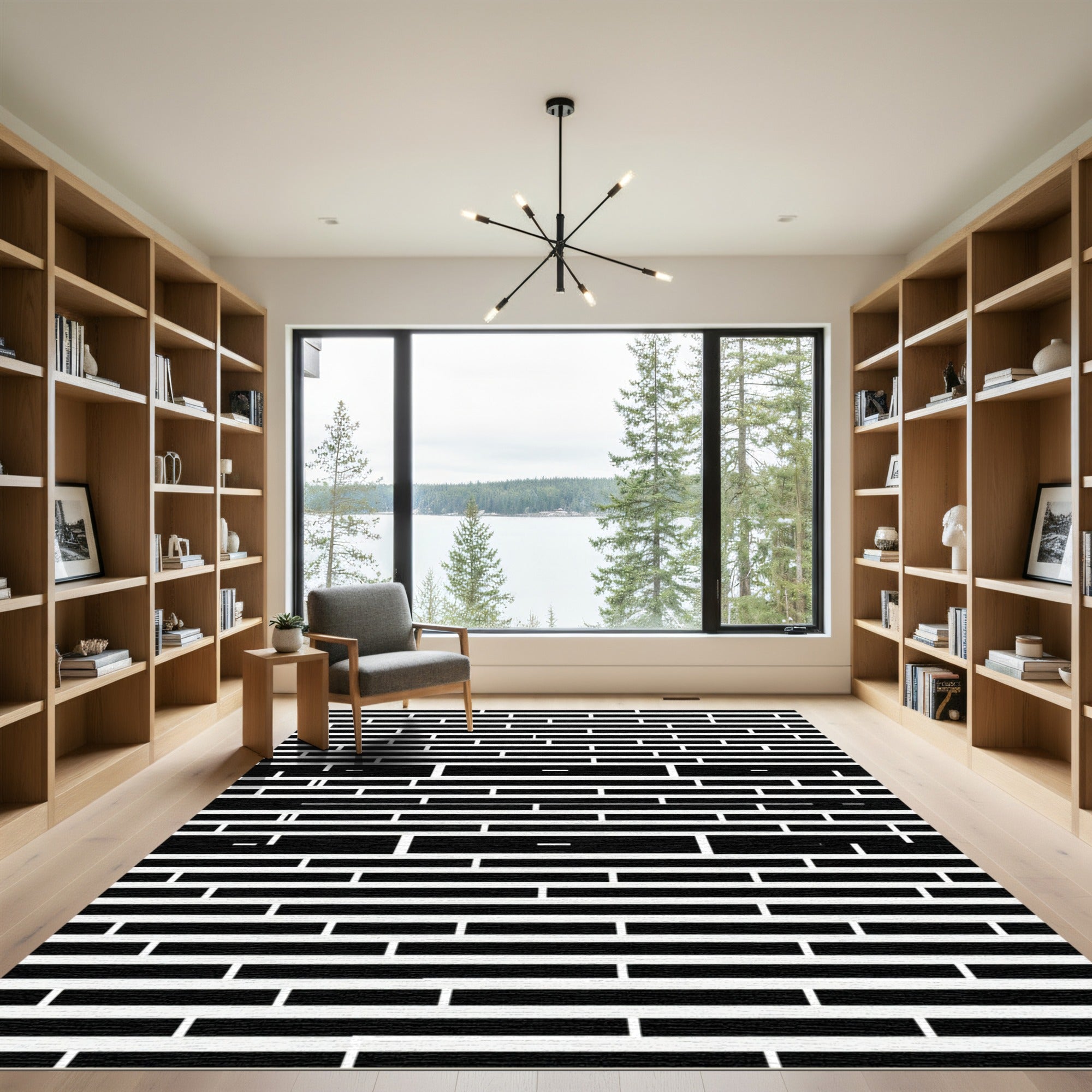 Bold Black White Rectilinear Lines Rug