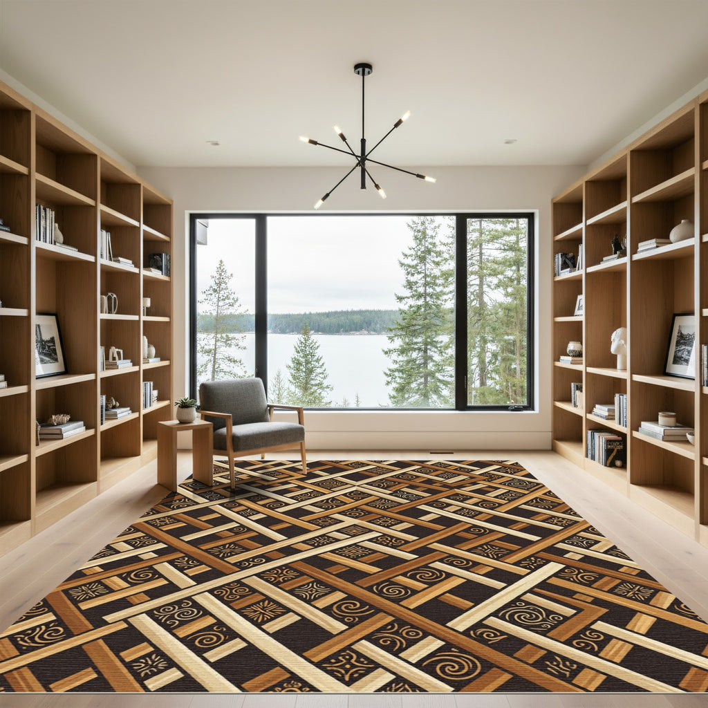 Geometric Brown Wooden Lattice Weave Rug