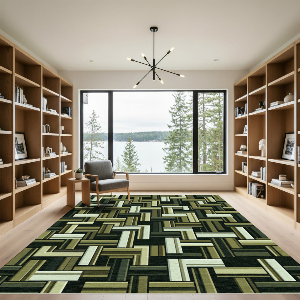 Earthy Olive Layered Geometric Block Rug