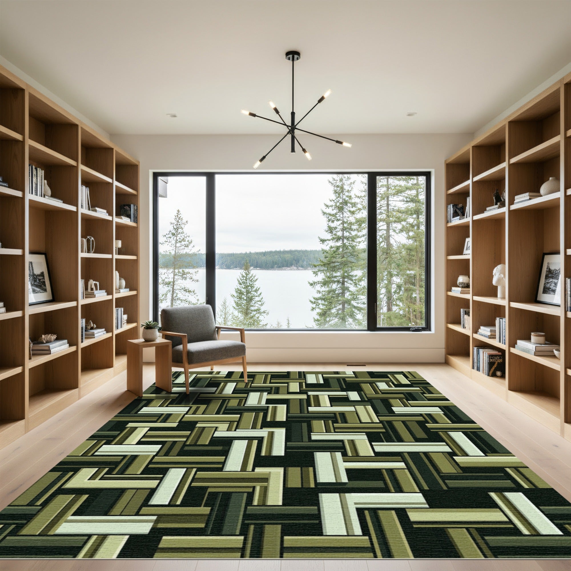 Earthy Olive Layered Geometric Block Rug