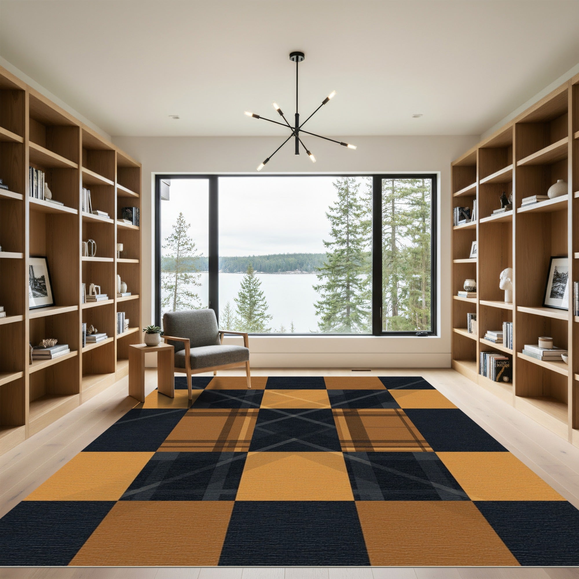 Bold Ochre and Charcoal Plaid Grid Rug