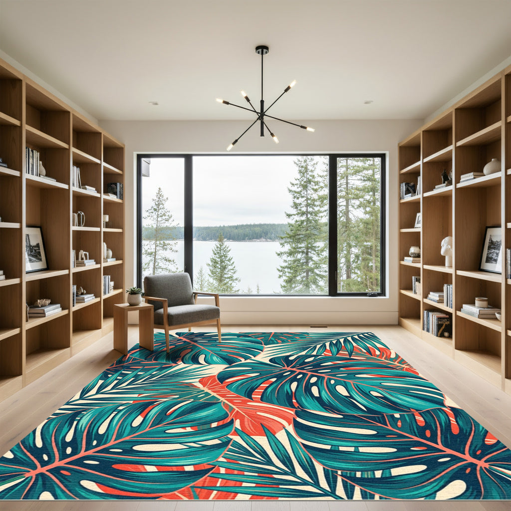Tropical Teal and Coral Monstera Leaf Rug