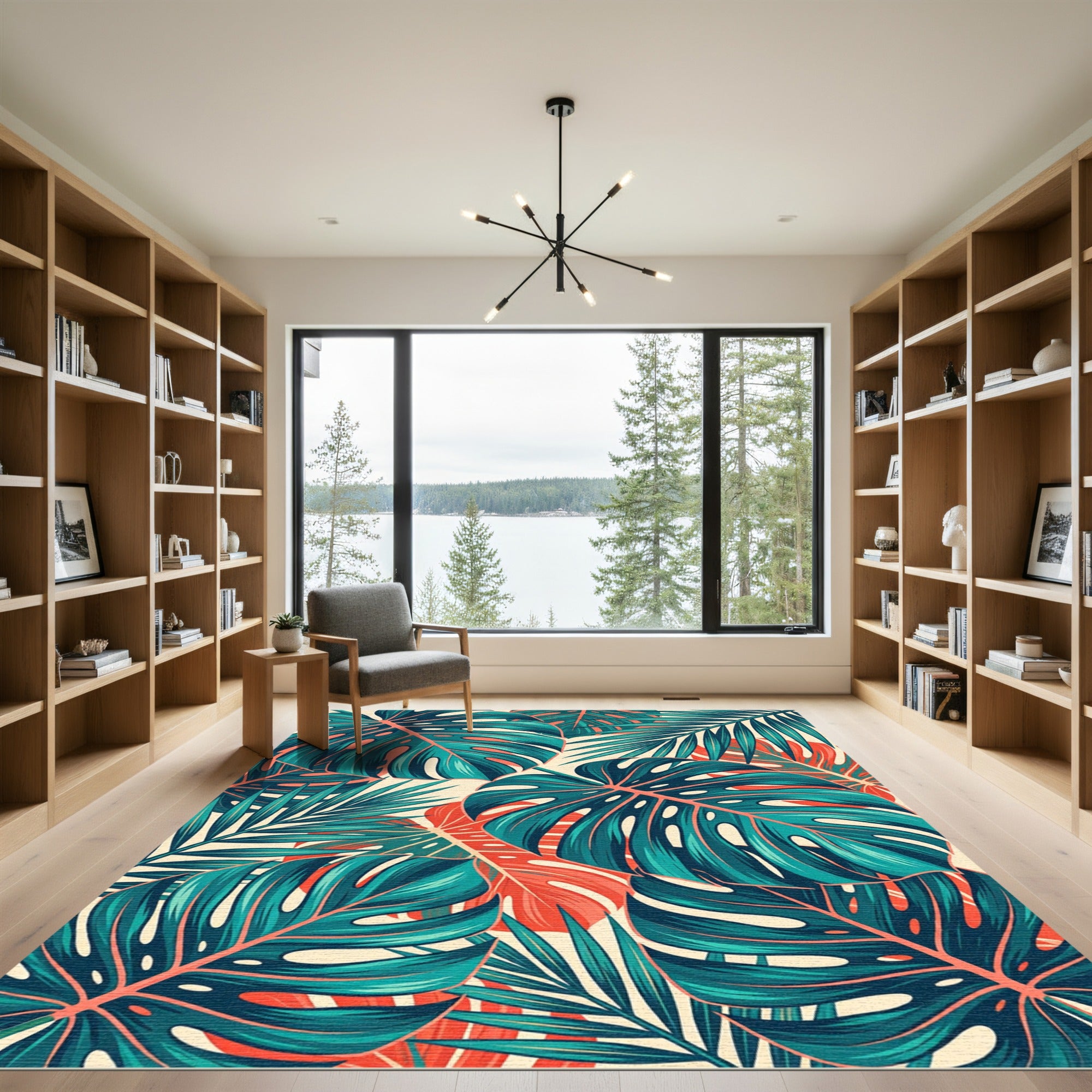 Tropical Teal and Coral Monstera Leaf Rug